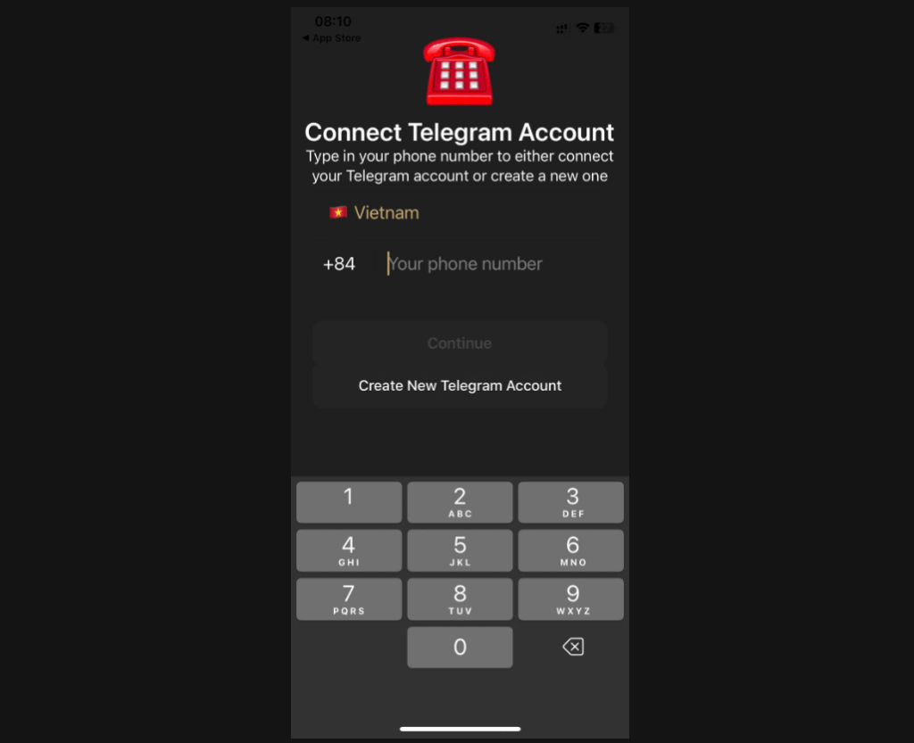 Nhập số điện thoại Telegram